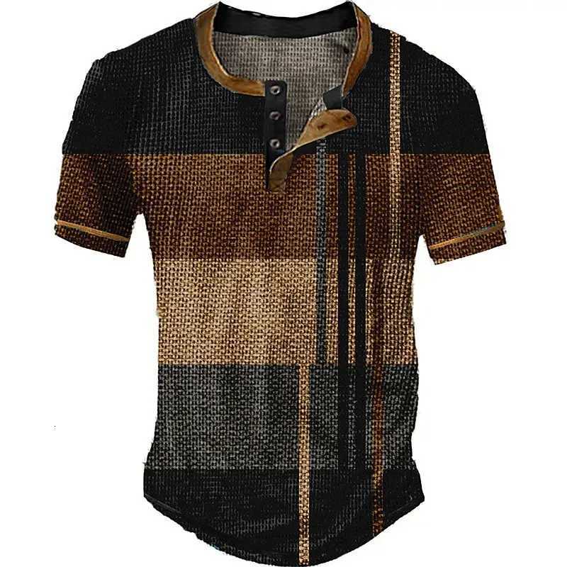 Striped Color Block 3D Printed Henley Shirts Mens Fashion Vintage Streetwear Button Short Sleeve T Shirt Tees Tops Man Clothing Y250819
