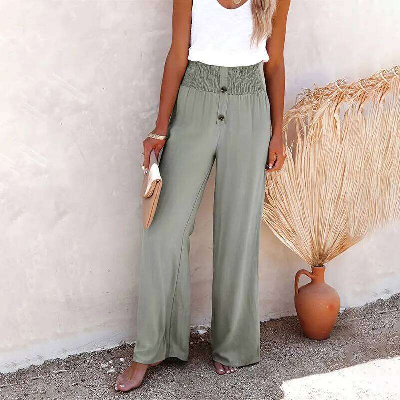 2024 Summer Cotton Linen Wide Leg for Women Full Length Casual Pants Female Solid Loose High Waist Straight Trousers