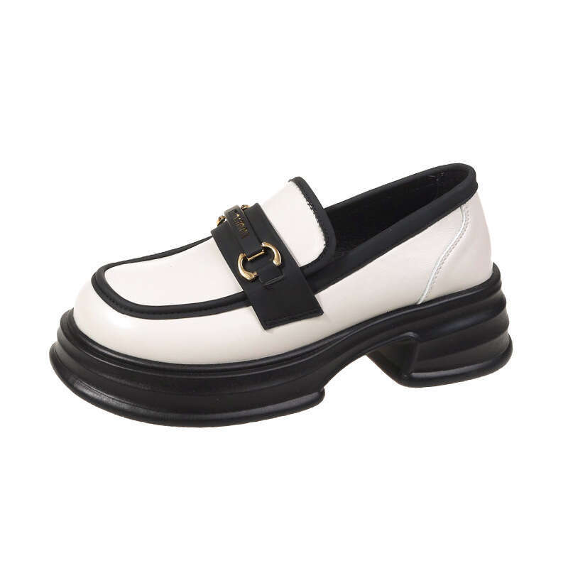 Thick-Soled Loafers for Women Slip-On 2023 Spring New British Style Platform Sole Small Leather Round Toe Mid-Heel Single Shoes