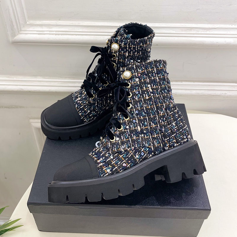 Women Ankle Boots Designer Chunky Heels 5.5cm Cowhide Tweed Western Boot Luxury Lace Up Snow Boot With Faux Pearl Black Leisure Shoe