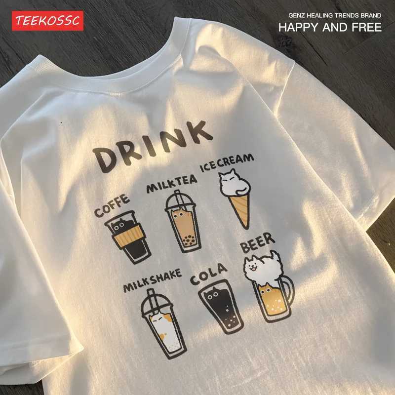 Creative Design Of Cat Beverage Short Sleeve T-shirt Men Women Cat Beverage For Couple Summer Half Sleeve Loose Fit Tee Y250819
