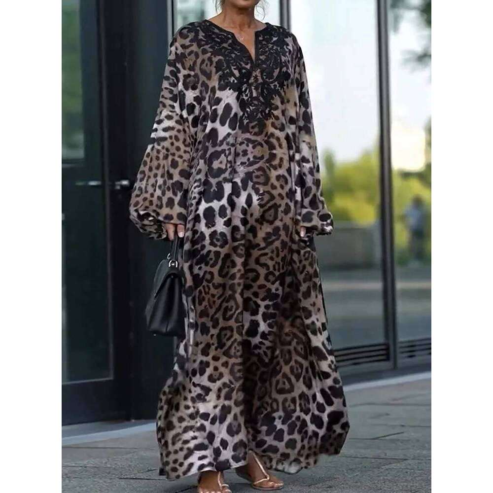 Leopard Patchwork Simple Fashion Party Women Spring Autumn Lantern Sleeve Maxi Dress, Elegant Print V Neck Ladies Dress
