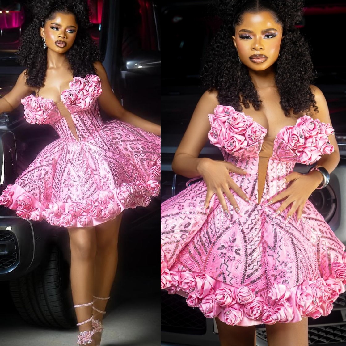 Chic Pink Ball Gown Homecoming Dress Sweetheart Sequined Flowers Short Mini Graduation Cocktail Birthday Dresses For Special Occasions Sweetheart Gown