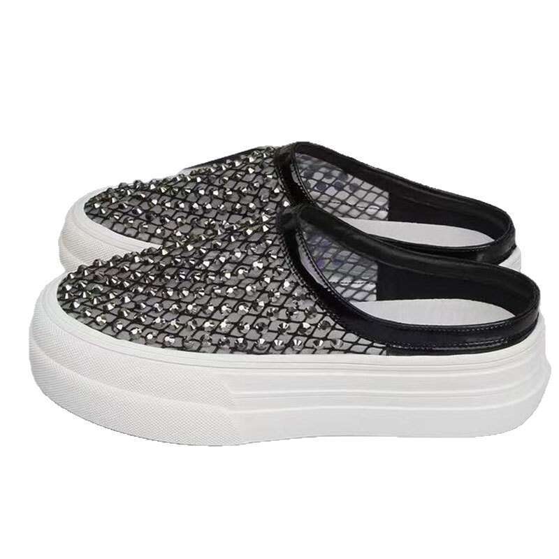 2025 New Summer Rhinestone Mesh Hollow Lazy Slip-On Sandals Outdoor Versatile Thick Sole Height-Increasing Half Slippers