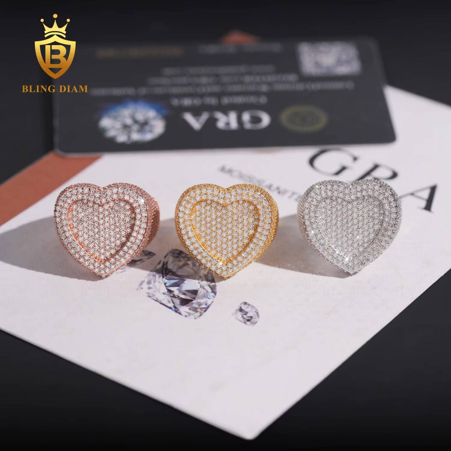 Hip Hop Jewelry VVS Moissanite Stone 925 Sterling Silver Heart Shaped Ring Men Pass Diamond Tester Gra Certified