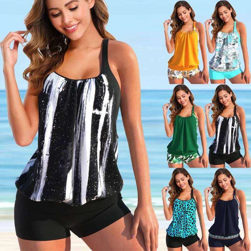 Women's Fashion Beachwear Black And White Waterfall Printed Tankini Swimsuit Two Piece Bikini Set Beach Swimwear S-6Xl