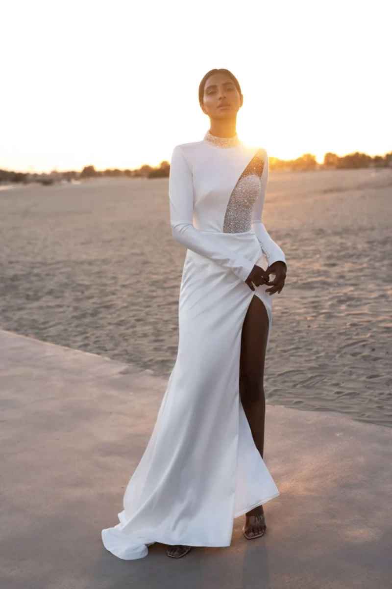 Satin Mermaid Wedding Dress For Bride African Bridal Gowns High Neck Pearls Beaded Side Split Sexy Wedding Customized