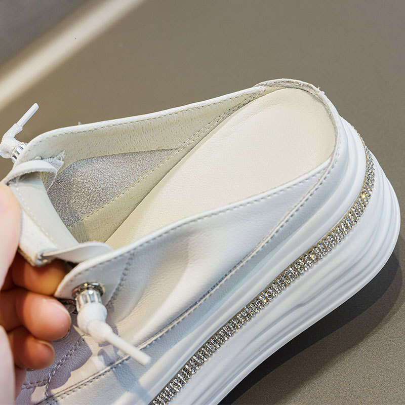 2025 New Genuine Leather 6CM Height Increasing Polyurethane Rhinestone Summer Breathable Sandals Women Thick Sole Half Slippers Trendy