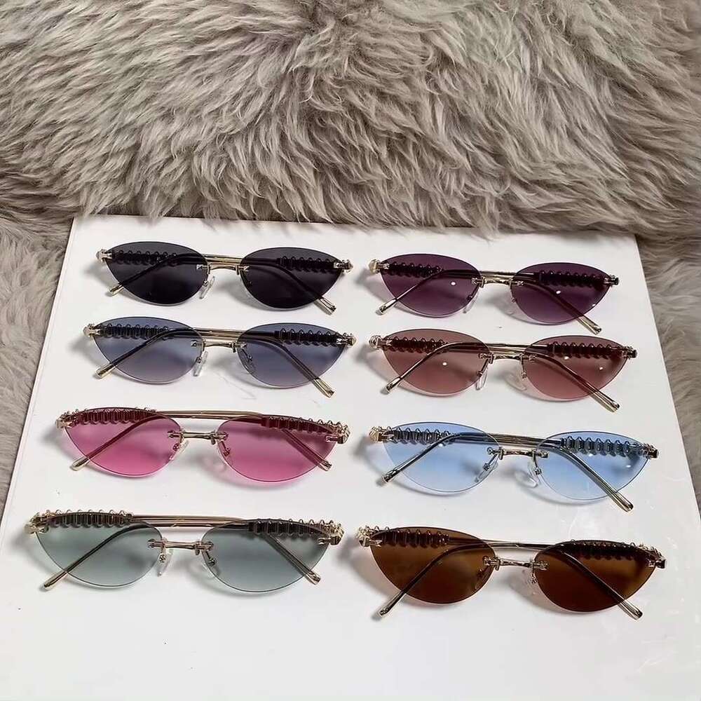 Metal Style Ins Fashion Cat Eye for Women High-End Frameless Sunglasses with Designer Unique Threaded Temples