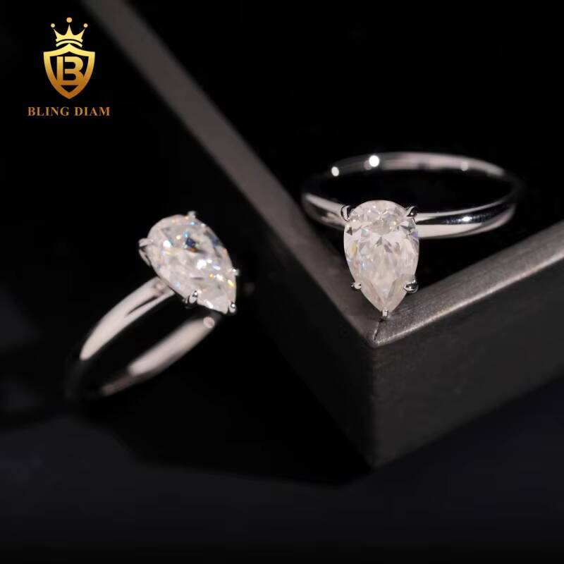 Hot Sale Iced Out Fine Jewellery Moissanite Ring Engagement Main Stone Pear-Shaped Cut Sterling Silver S925 Luxury Rings