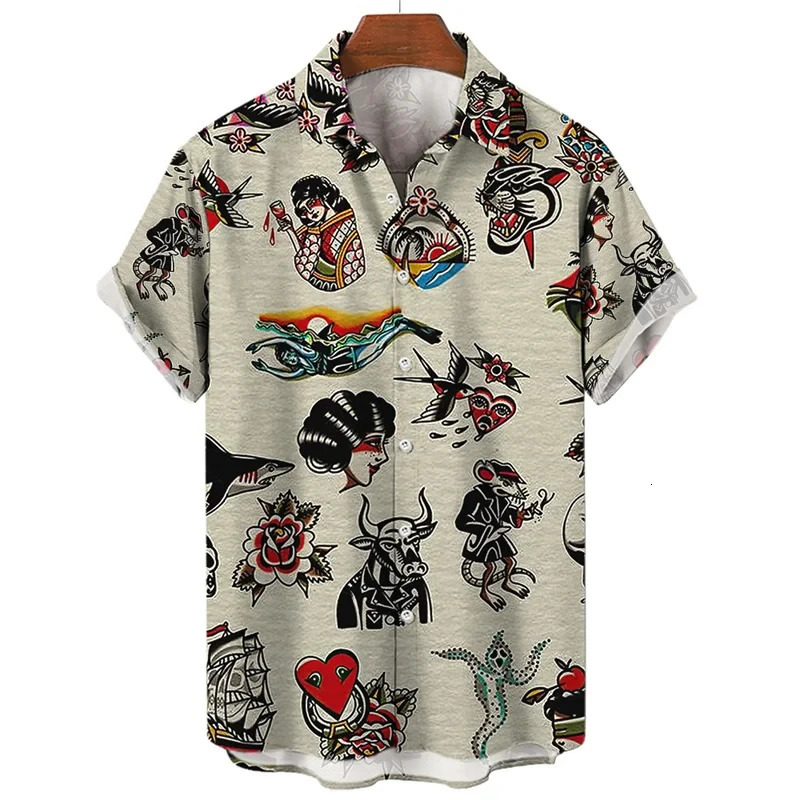 3D retro digital printed mens lapel short sleeved shirt 250808