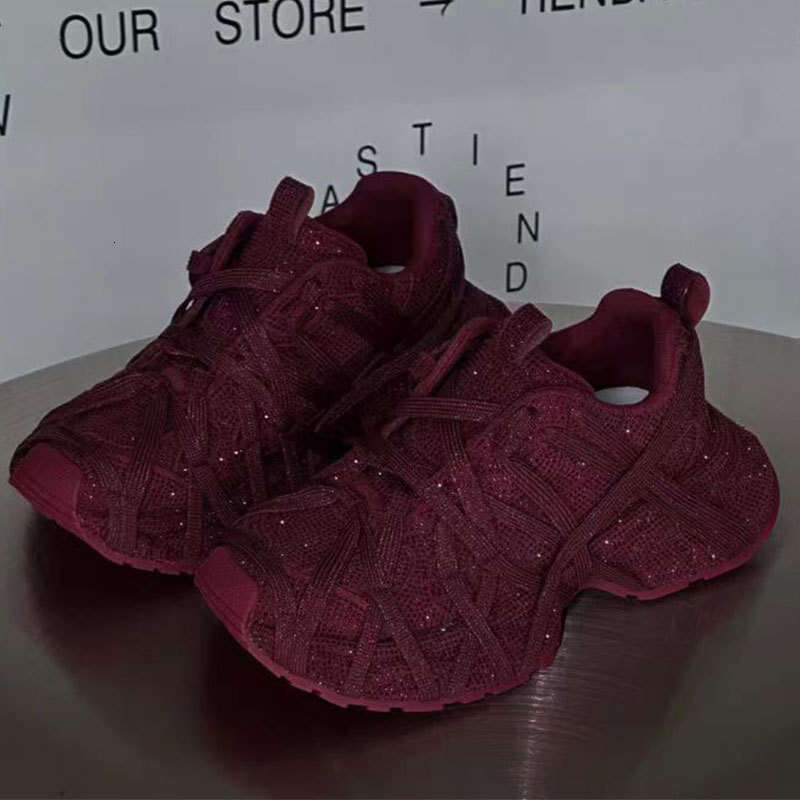 Paris Starry Sky Rhinestone Thick-Soled Dad for Women 3XL Lace-Up Style Ancora Red New Casual Trendy Breathable Shoes