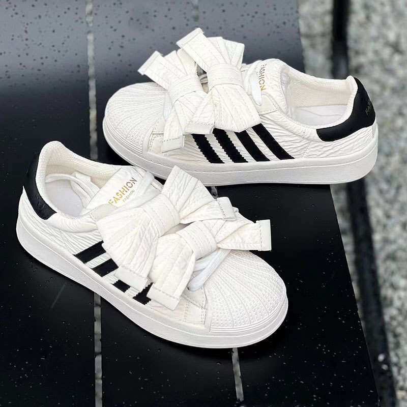 Shell Toe White for Women 2025 Spring Summer New Genuine Leather Bowknot Fashion Casual Shoes Versatile Color Block Sneakers