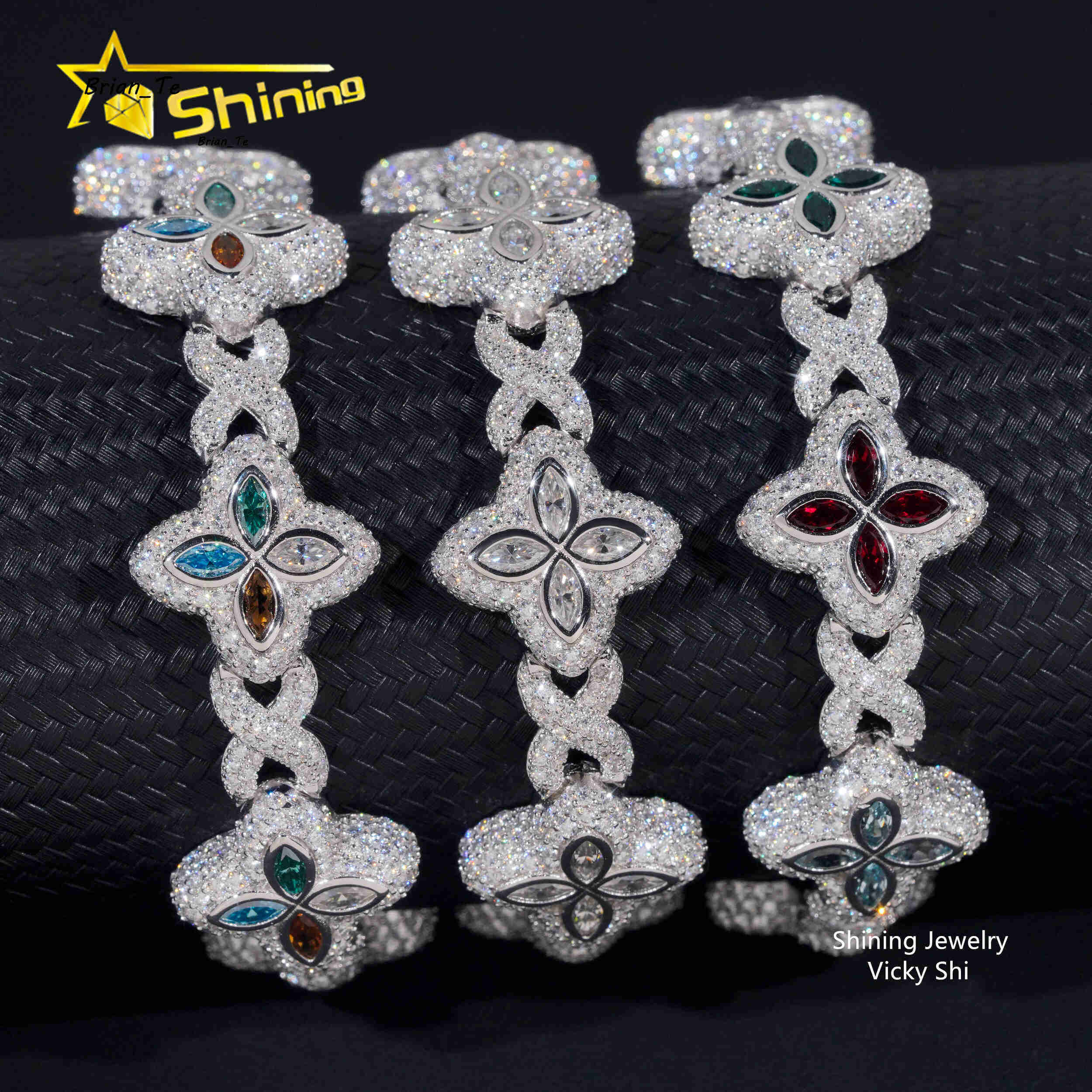 Hot Selling Men Popular Moissanite Bracelets 925 Sterling Silver Iced Out Hip Hop Infinity Clover Moissanite Cuban Bracelet