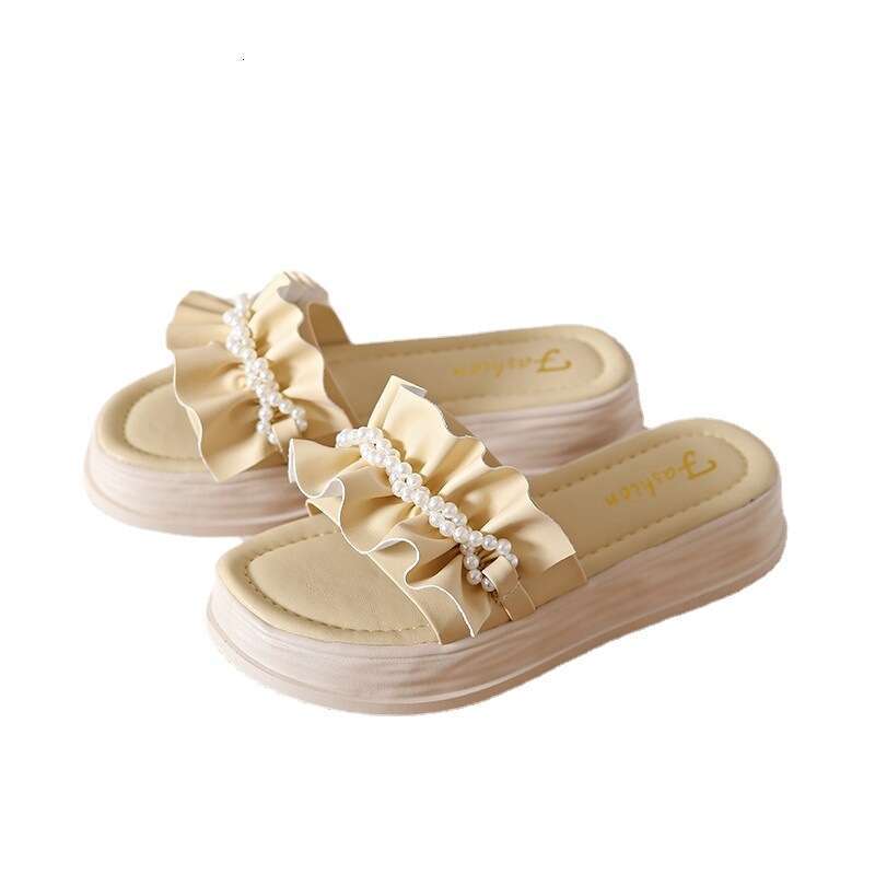 2023 New Casual Pearl Sandals for Women Summer Outdoor Fresh Pleated Thick Sole Open-Toe Beach Slippers