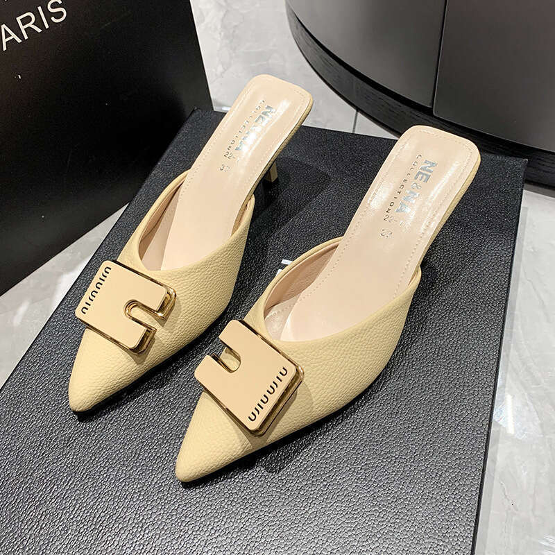 Sandals 2023 New Spring Fashion Square Buckle Outdoor Wear Mid Thin Heel Pointed Closed Toe Half Slippers Women's Single Shoes