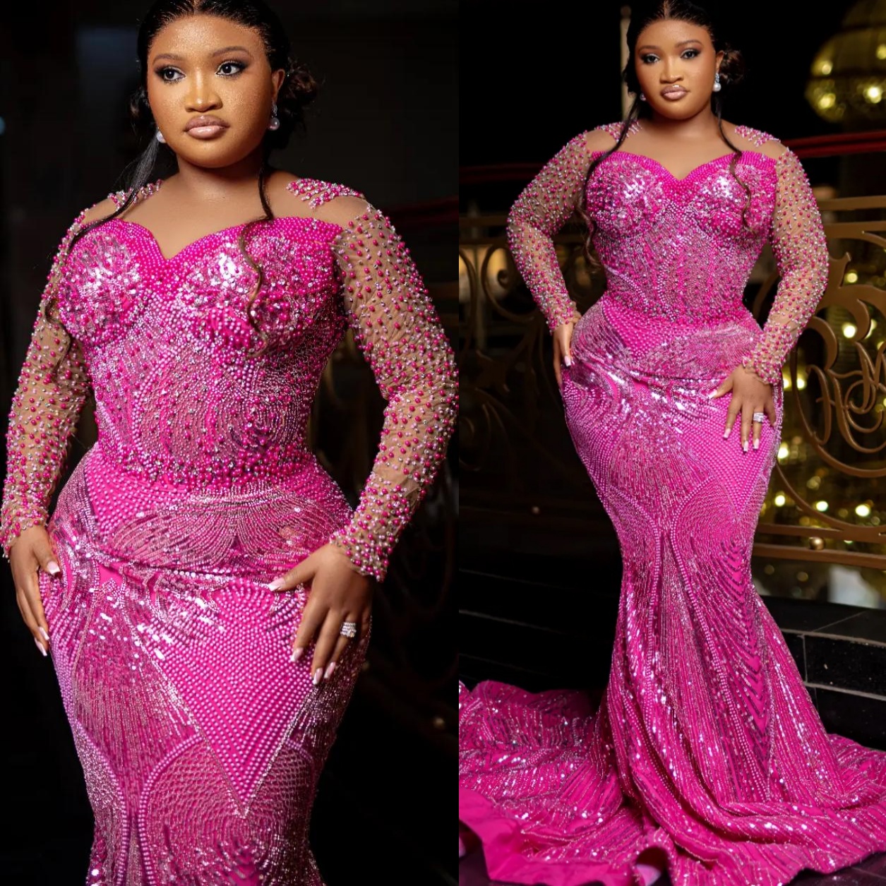 Fuchsia Mermaid Prom Dresses 2025 Beaded Pearls Sequined Evening Formal Party Second Birthday Engagement Gowns Plus Size Dress For Special Occasions