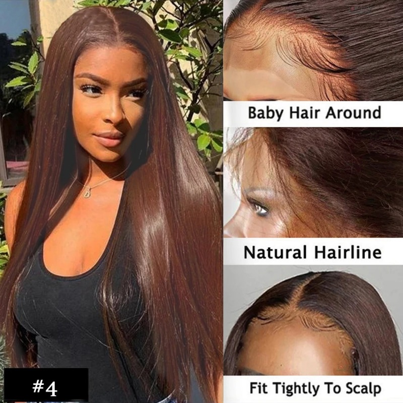 Straight Chocolate Brown Lace Front Human Hair Wigs For Woman Pre-Cut Plucked Honey Brown High Density HD Transparent Lace Frontal Wig