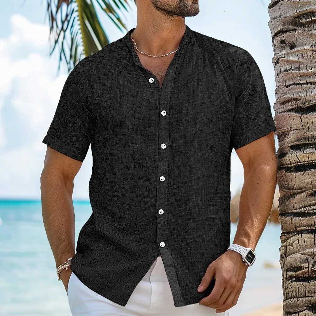 Mens shirt linen stand collar shirt beachwear solid color vacation short sleeve shirt summer clothing fast delivery Y250819