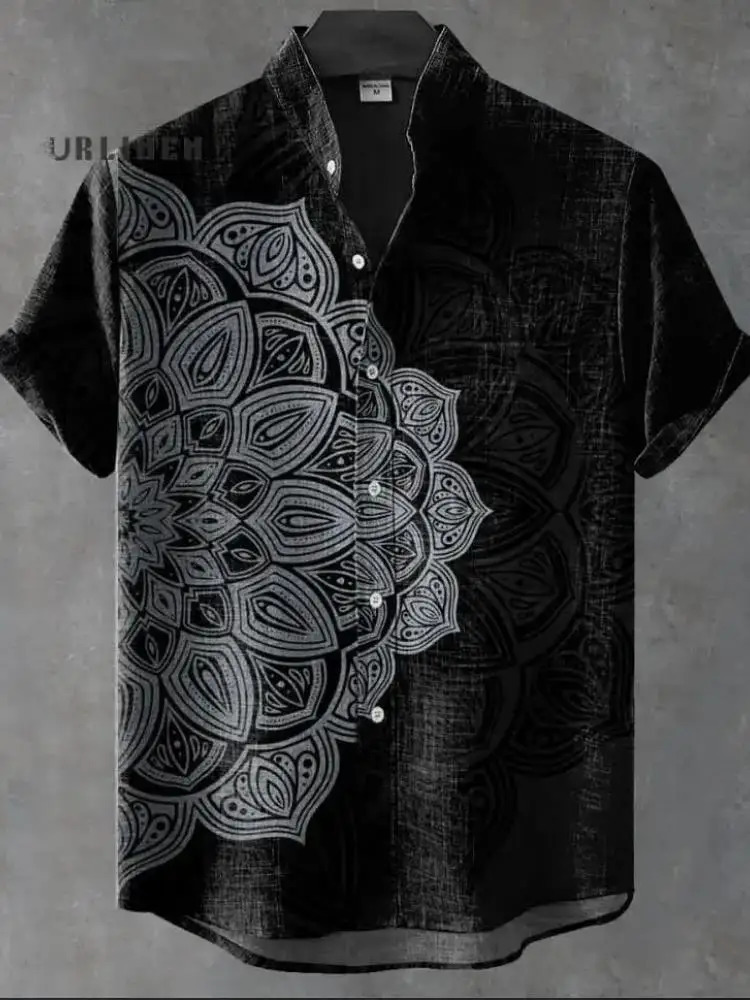 2025 Printed Mens Linen Blended Short Sleeve Shirt Retro African Tribal Totem Pattern Street Fashion Tops Vintage Man 250808