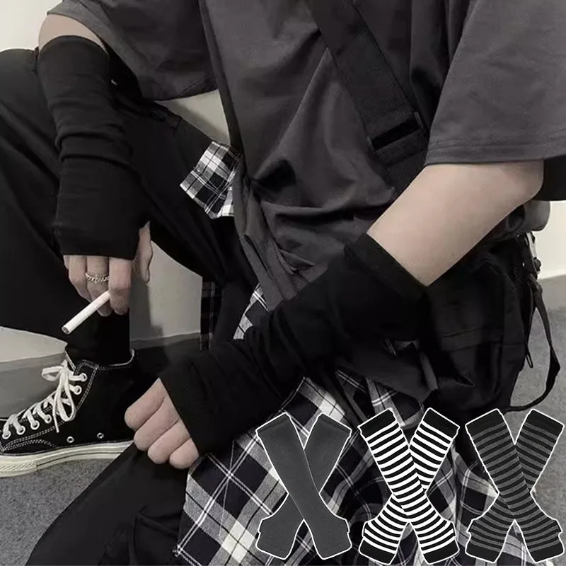 Punk Long Arm Gloves Adjustable Elastic Interval Stripe Fingerless Glove Protective Mittens Winter Nylon Cover Cool Sleeves 250811
