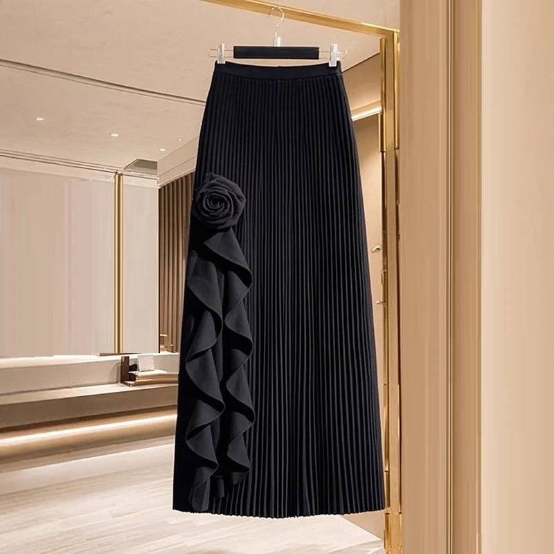 Spring Autumn Winter Elegant Irregular Pleated Skirt for Women Elastic A-line High Waist Midi Skirt White Black Flower Skirts 250820