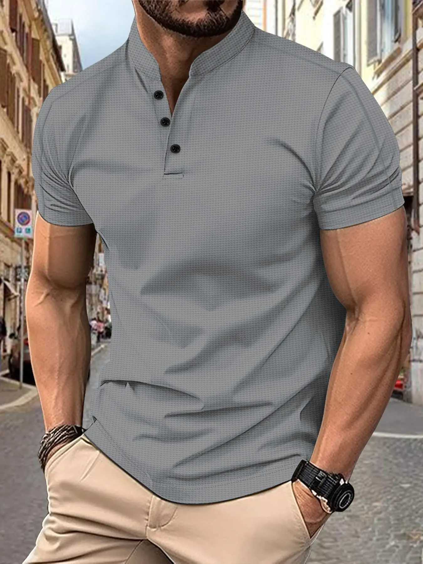 Mens Short SLeeve Casual Shirt 2025 Waffle Henry Collar Regular Fit Summer Grid Pattern Chinese Origin Y250819