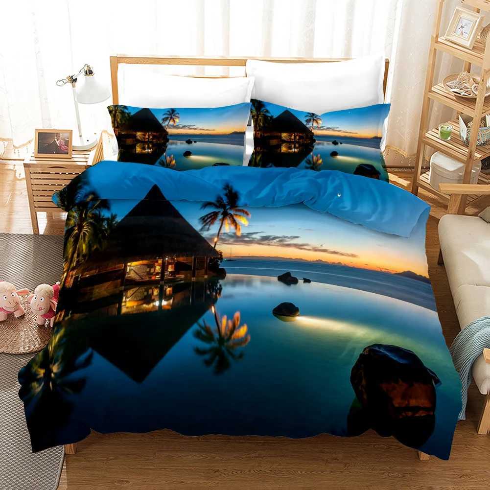 Beach Duvet Cover Set Polyester Tropical Island with The Palm Tree and Sea Beach Nature Theme Double Queen King Size Quilt Cover Y250819