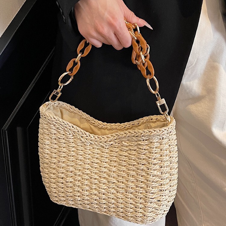 Autumn New Women s Shoulder Bag New Women s Woven Straw Bucket Bag Niche Chain Design Handbag Autumn New Designer Bag New Women s Crossbody Bag