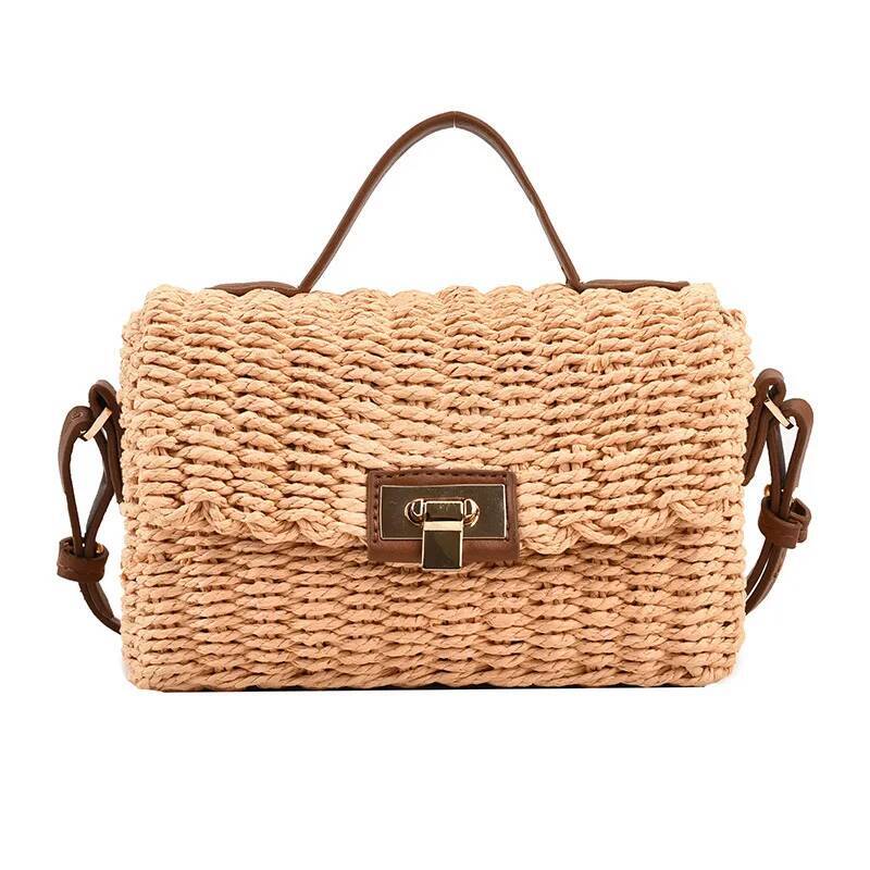 Handmade Women's Shoulder Summer Straw Beach Bag Bohemian Female Handbags Fashion Square Flap Lock Designer Shopper Purse high-quality