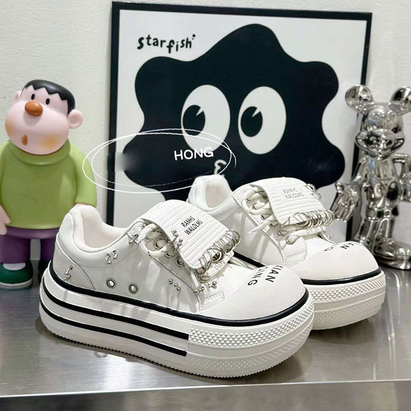 2024 New White Thick-Soled for Women, Autumn Breathable Cowhide Big Toe Height-Increasing Niche Subculture Casual Lip Stud Shoes