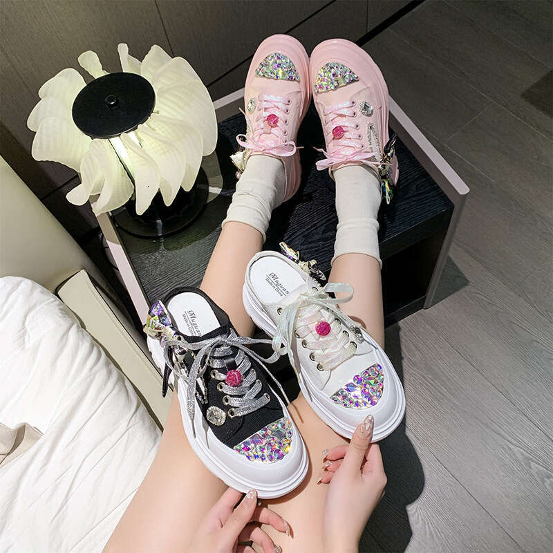 2023 Summer New Fashion Women's Lace-up Casual Slippers Versatile Mid-Heel Breathable Rhinestone White Shoes
