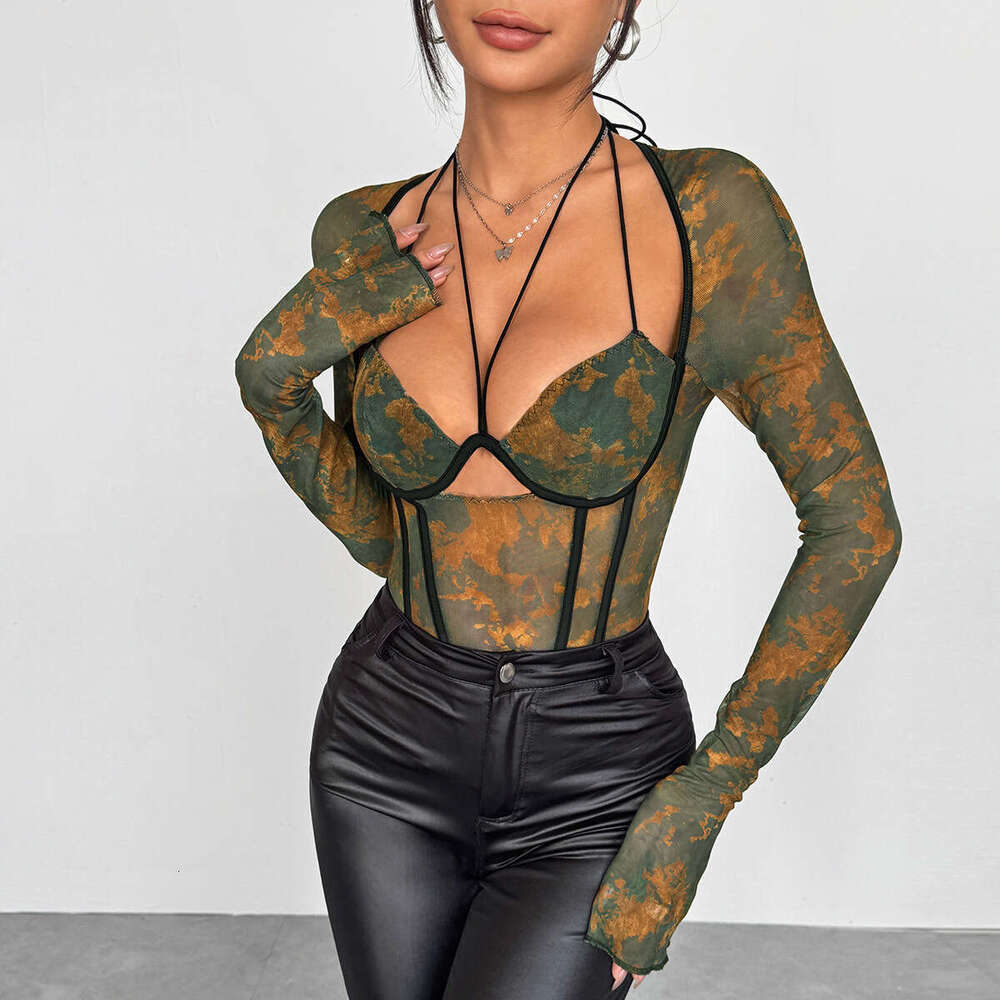 Autumn New Arrival Atmosphere Print Gradient Mesh Underwire Fishbone Flare Sleeve Waist-Cinching Halter Neck Jumpsuit
