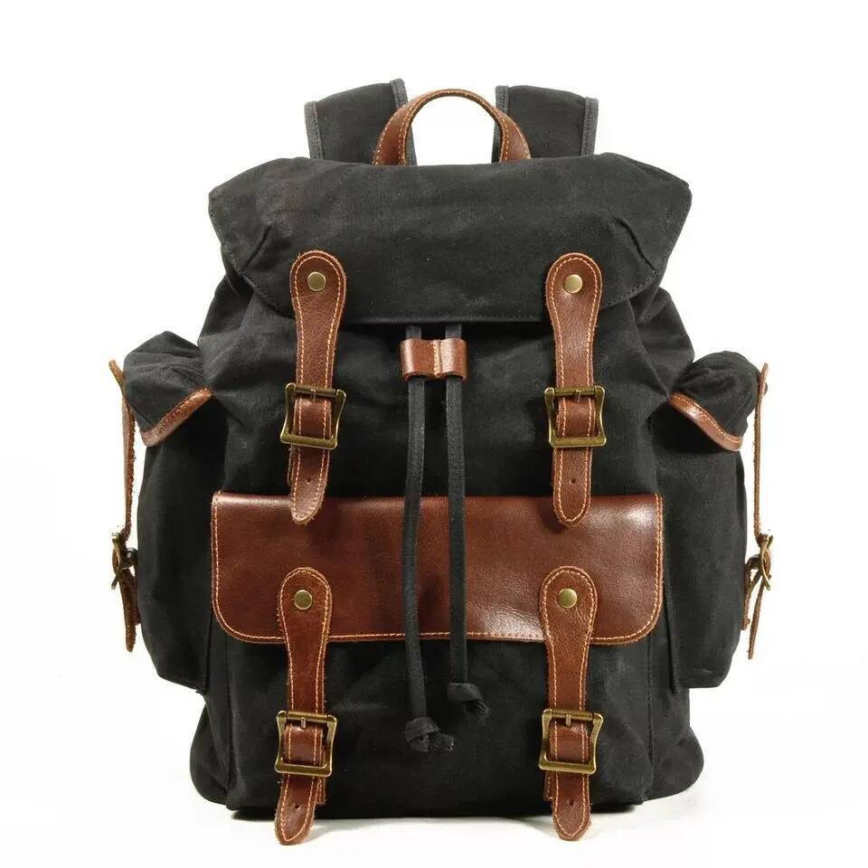 Vintage Backpacks Leather Backpack Men, Waxed Canvas Shoulder Rucksack for Travel School high-quality