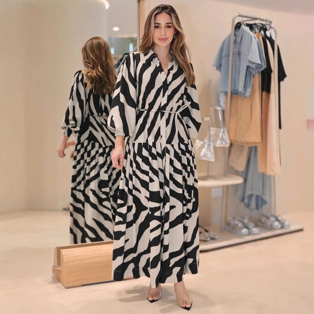 2025 European and American Summer New Elegant Printed Long Sleeve Trumpet Sleeves Fashionable Slimming Women's Dress