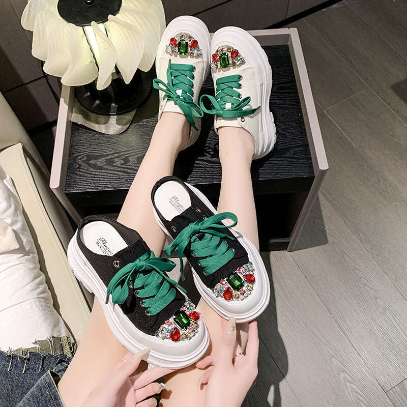 2023 New Women's Closed-Toe Half Slippers Versatile Fashion Thick-Soled White Korean Style Breathable Casual Canvas Shoes