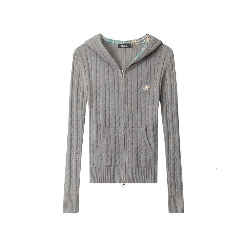 Heyhenry Hooded V-Neck Cable Knit Casual Hot Girl Slim Fit Long Sleeve Zipper Cardigan Short Top For Women B5