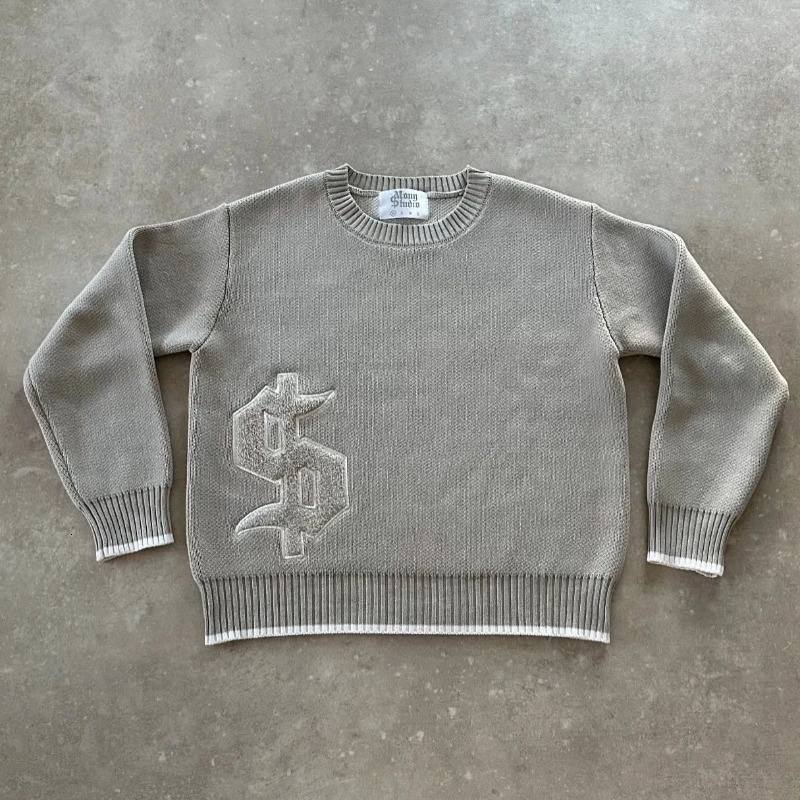 Y2K Grey Long Sleeve Sweater Dollar Gothic Embroidery Pullover Goth Retro Casual Streetwear Old Money Men Boxy Knitted Clothing 250820