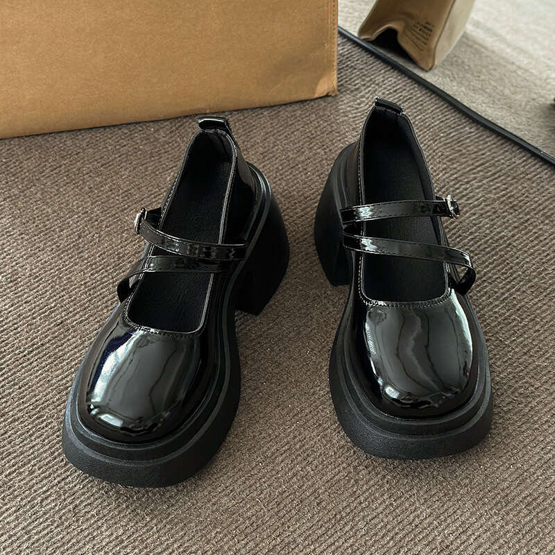 Shallow Mouth Thick Sole Versatile British Style Women's Leather Shoes Chunky Heel Round Toe Mary Jane Flats