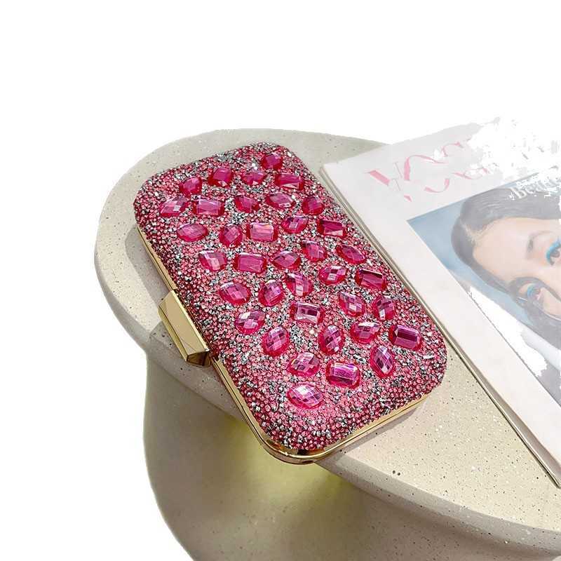 Pink Sweet Socialite Shiny Diamond-Encrusted Pink Crystal Box Color Clutch Versatile Crossbody Bag Evening Bag