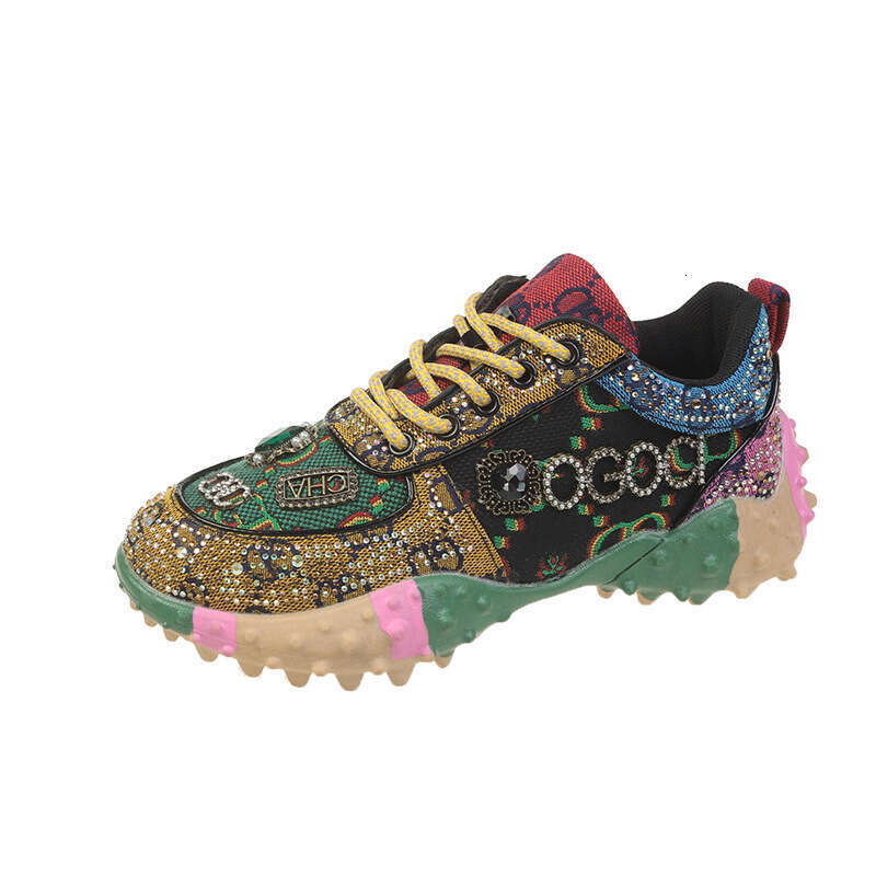 2023 Spring Heavy Craft Full Diamond Color Block Fashion Women's Dad Shoes High Top Thick Sole Height Increasing Letter Casual