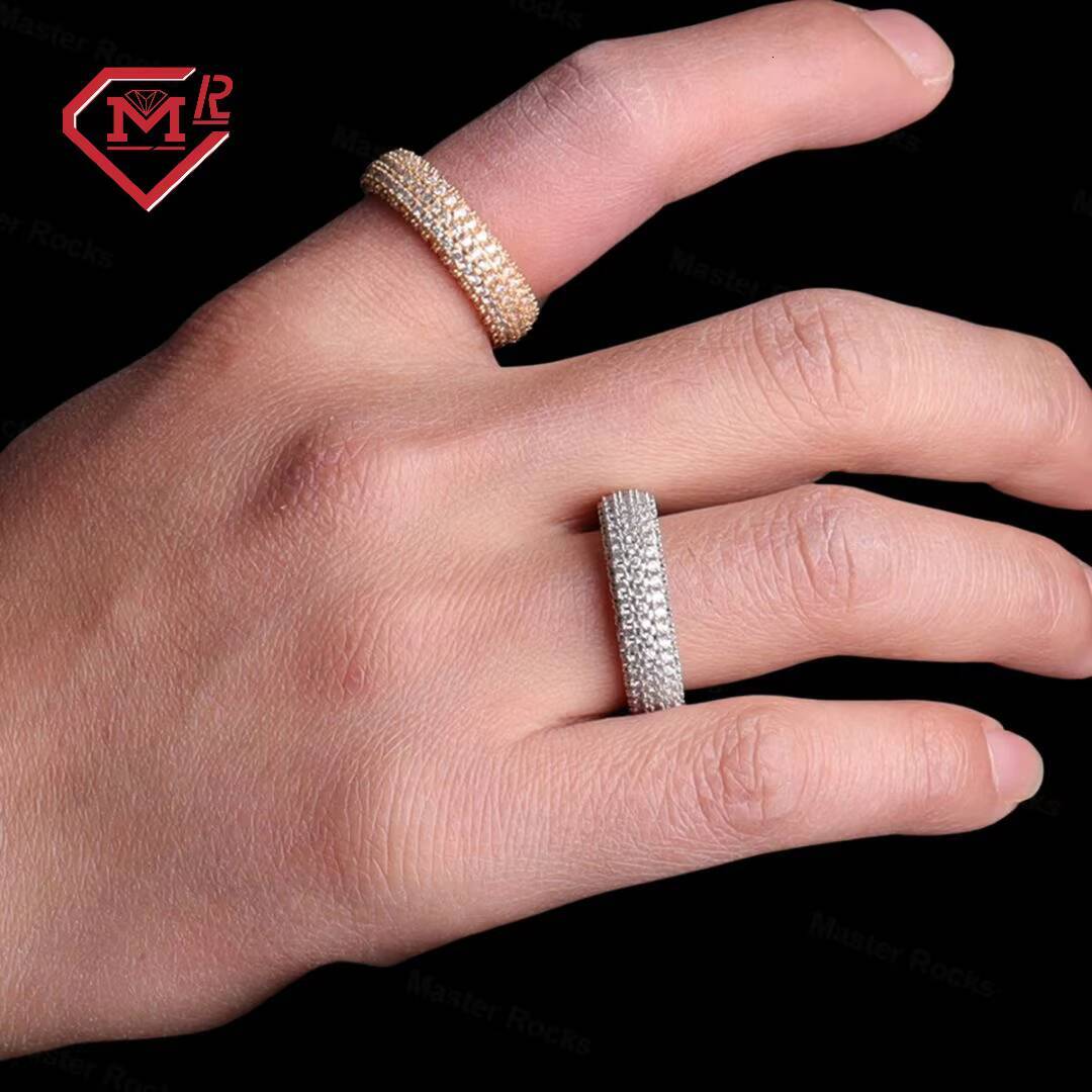 Custom Fashion Jewelry 925 Sterling Silver Gold Plated Iced Rings Hip Hop Gra Round Moissanite Diamond for Mens Hiphop Ring