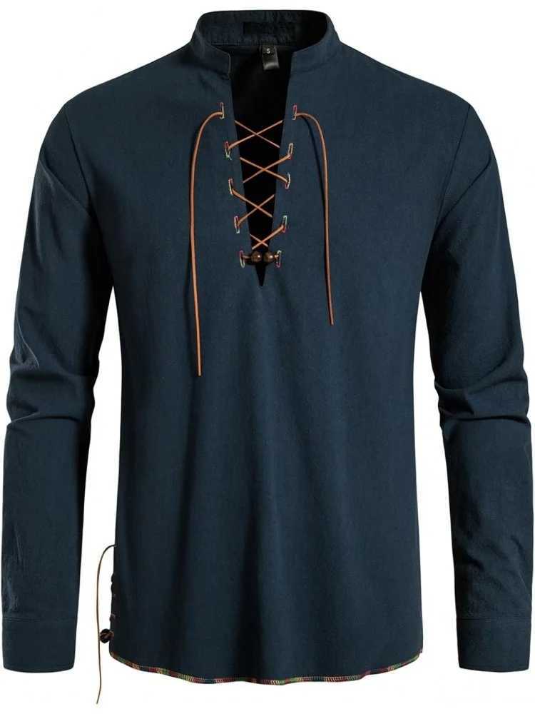 Mens Pure Cotton Retro Lace Up Shirts Renaissance Pirate Viking Medieval Style T-shirt for daily leisure and Halloween stage Y250819