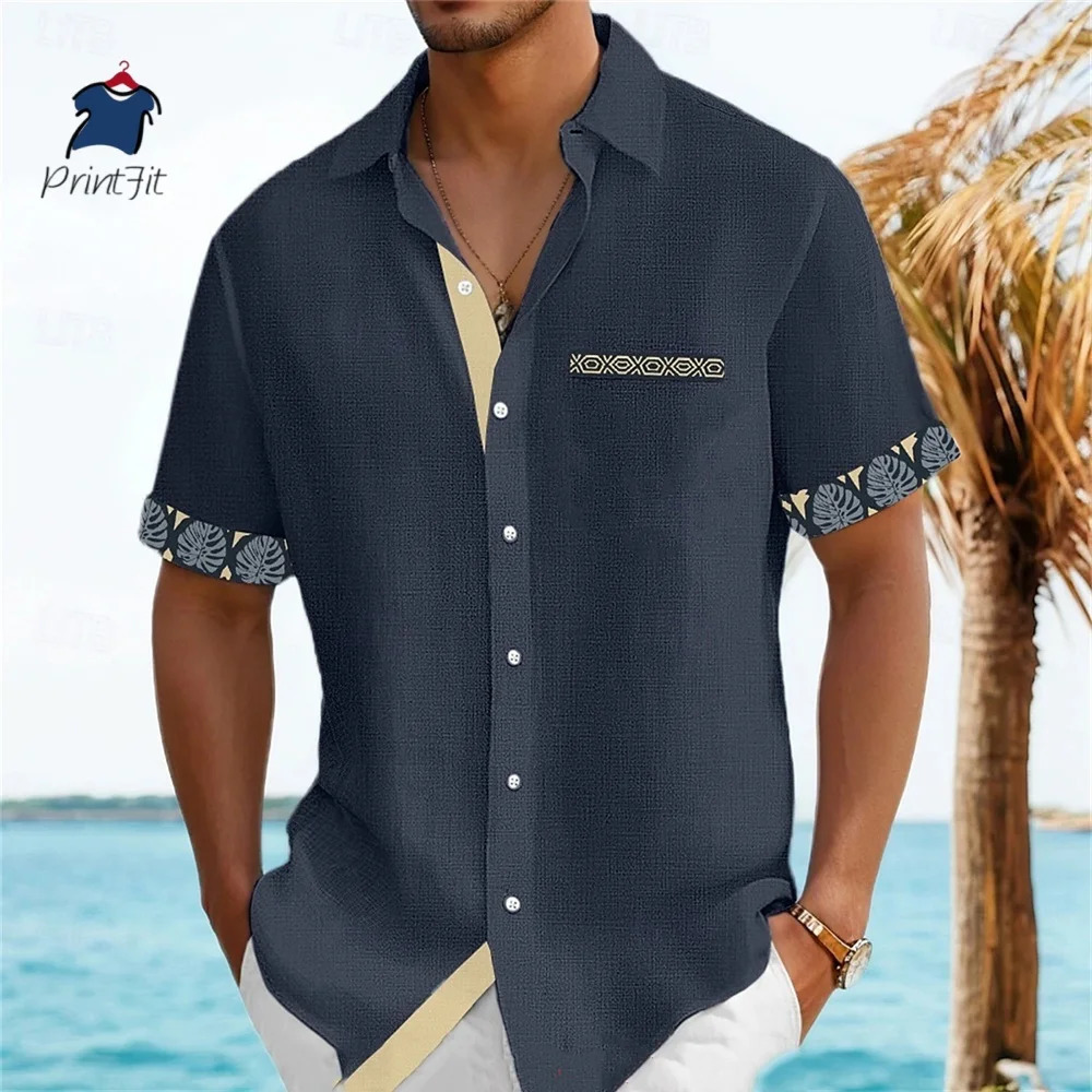 Ethnic Style Mens Color Blocked 3D Printed Button Neck Short Sleeved Shirt Highquality Hawaiian Beach Top Hemd Herren 250808