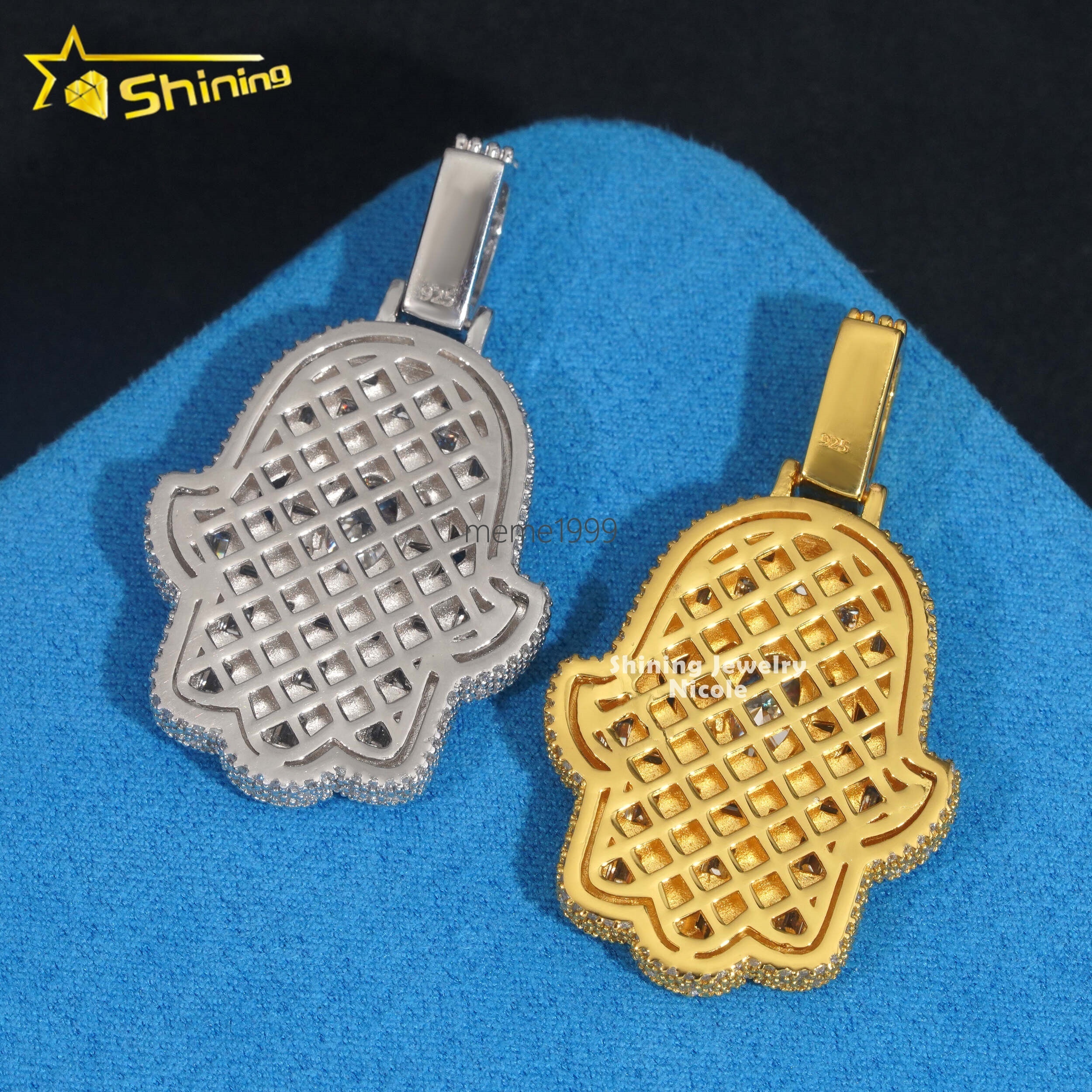 Fully Iced Out Luxury Bling Hip Hop VVS Moissanite Diamond Hamsa Hand 925 Silver Pendant