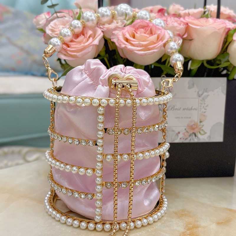 French Style Hollow Silk Satin Shiny Watercress Basket Banquet Pearl Bucket Handheld Crossbody Bag