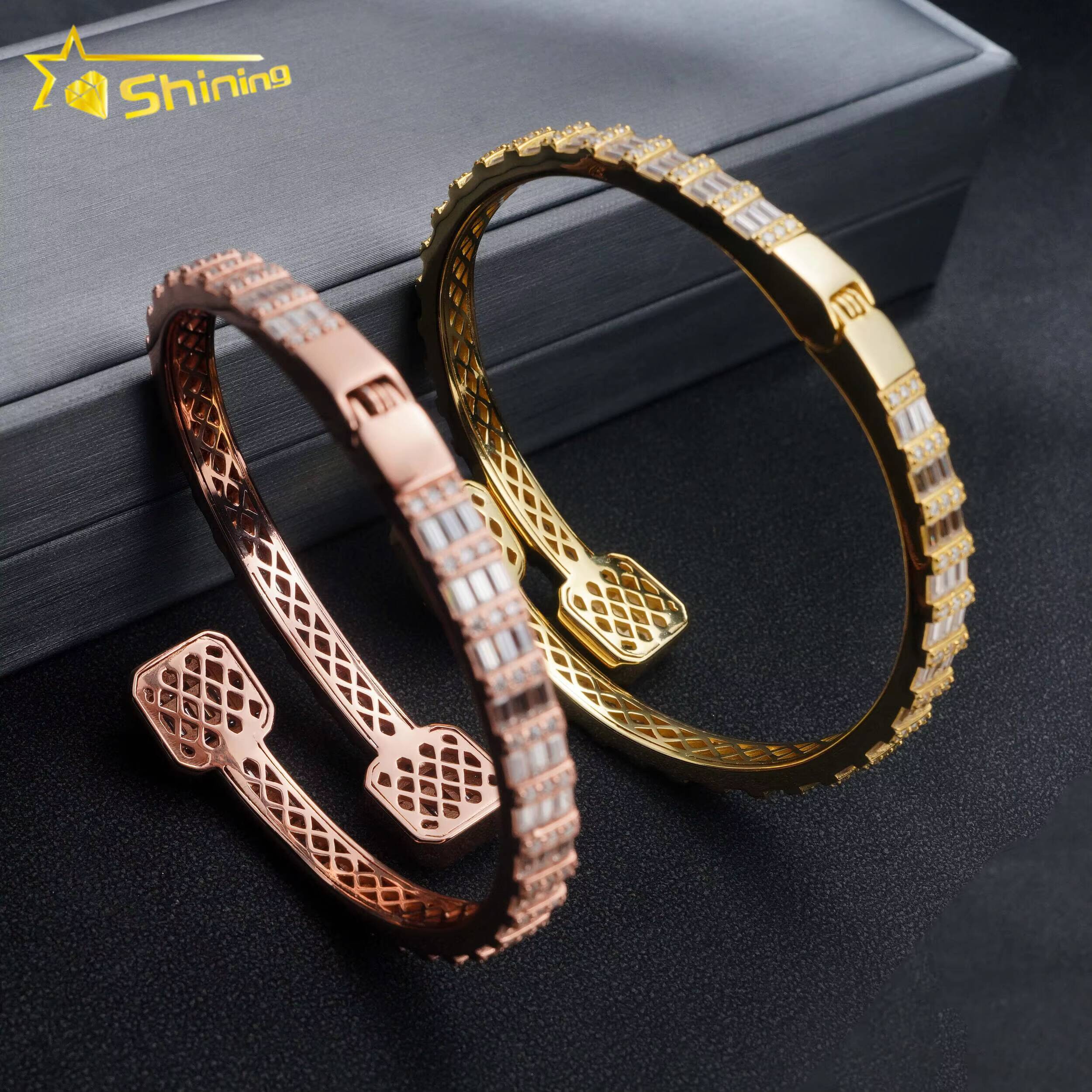 Fine Jewelry Sterling Silver 925 Fashion Iced Out VVS Baguette Moissanite Cuban Link Diamond Bracelet Bangles