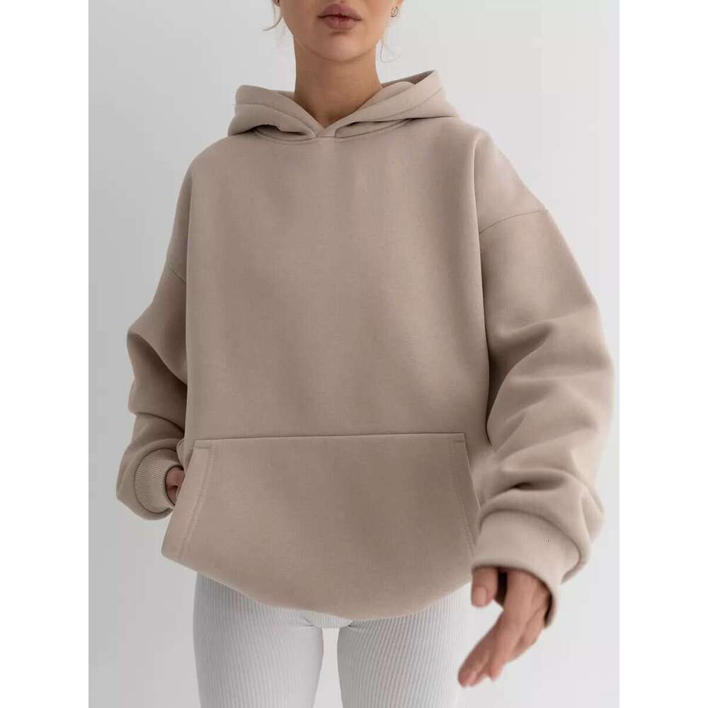 Women's Solid Color Long Sleeve Pocket Hooded Pullover Sweatshirt Loose Casual Sports Shirt