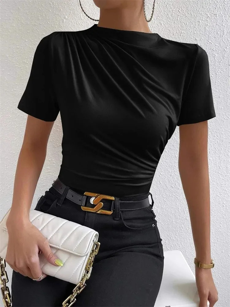Women Short Sleeve Pleated T-shirt Summer Casual Slim Fit Mock Neck Ruched Tee Top Streetwear 250820