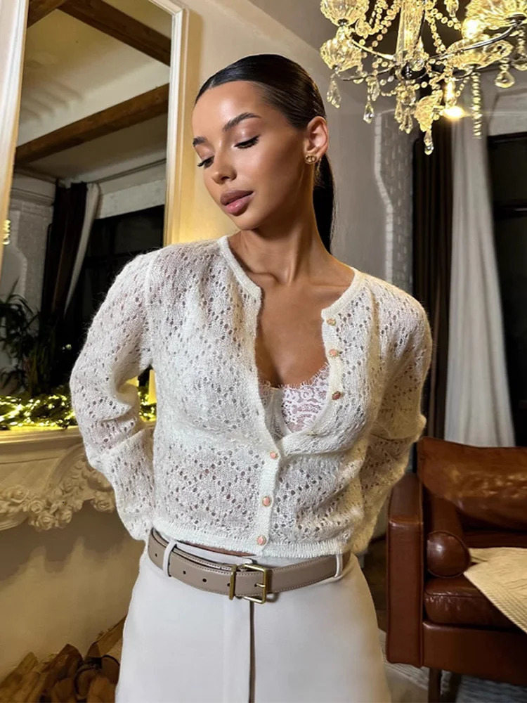 Hollow Out Womens Cardigan Casual Oneck Knitted Single Breasted Full Sleeve Blouse Female Spring Lady Wears w250819